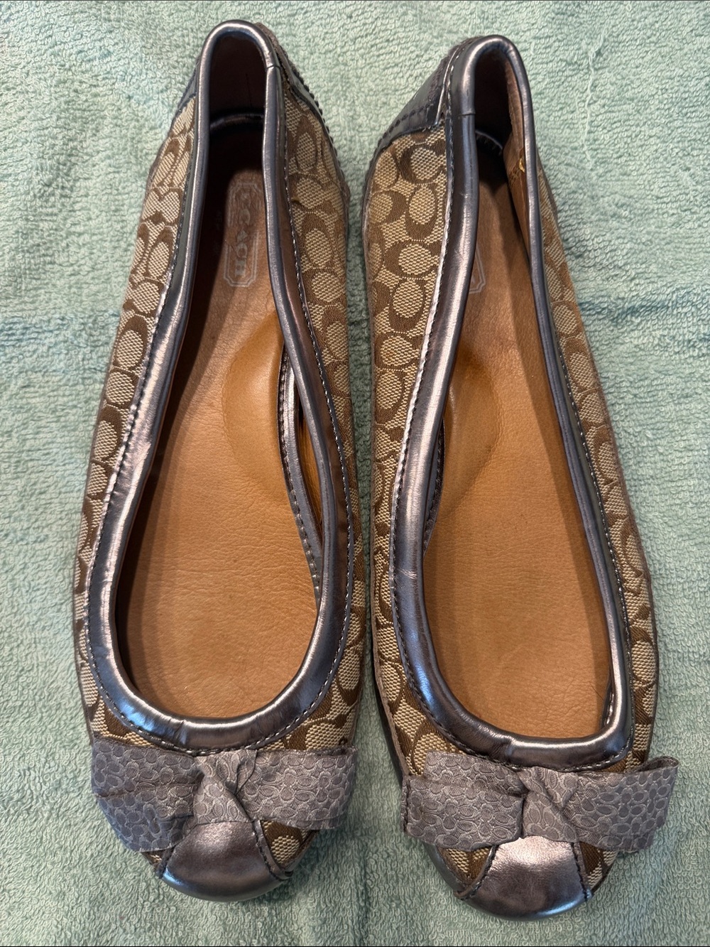Coach Brown Signature-Print Ballet Flats with Metallic Trim - Picture 4 of 6